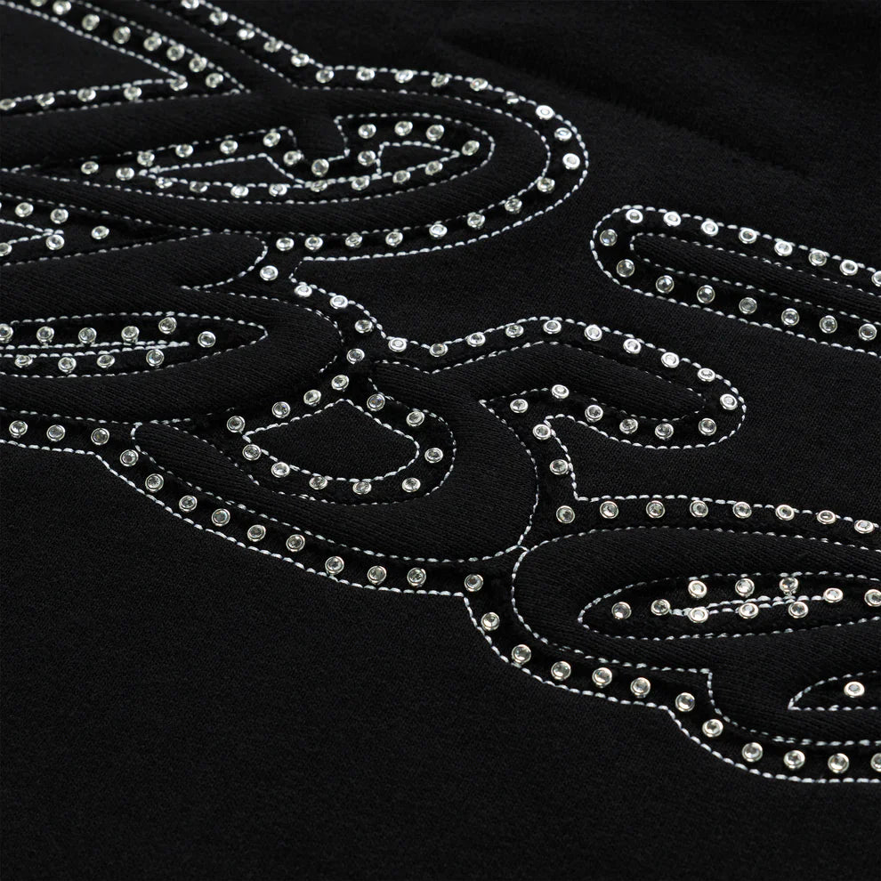 Sp5der Rhinestone Script Zip Hoodie Black