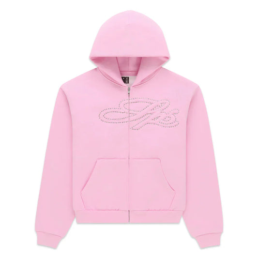 Sp5der Rhinestone Script Zip Hoodie Pink