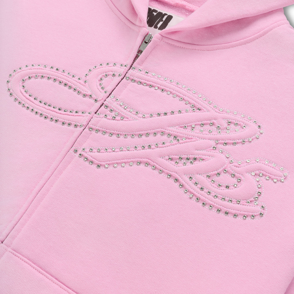 Sp5der Rhinestone Script Zip Hoodie Pink