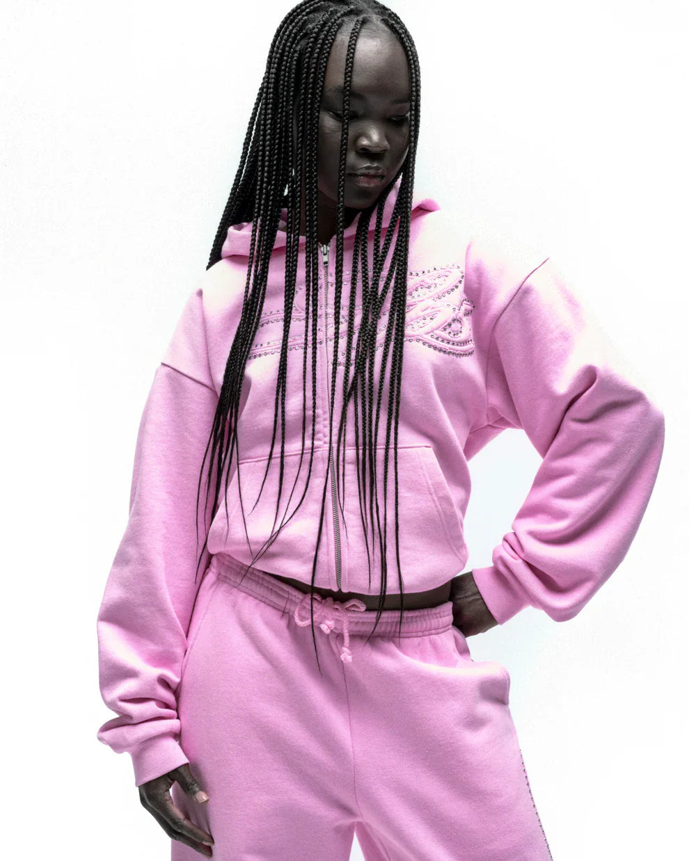 Sp5der Rhinestone Script Zip Hoodie Pink