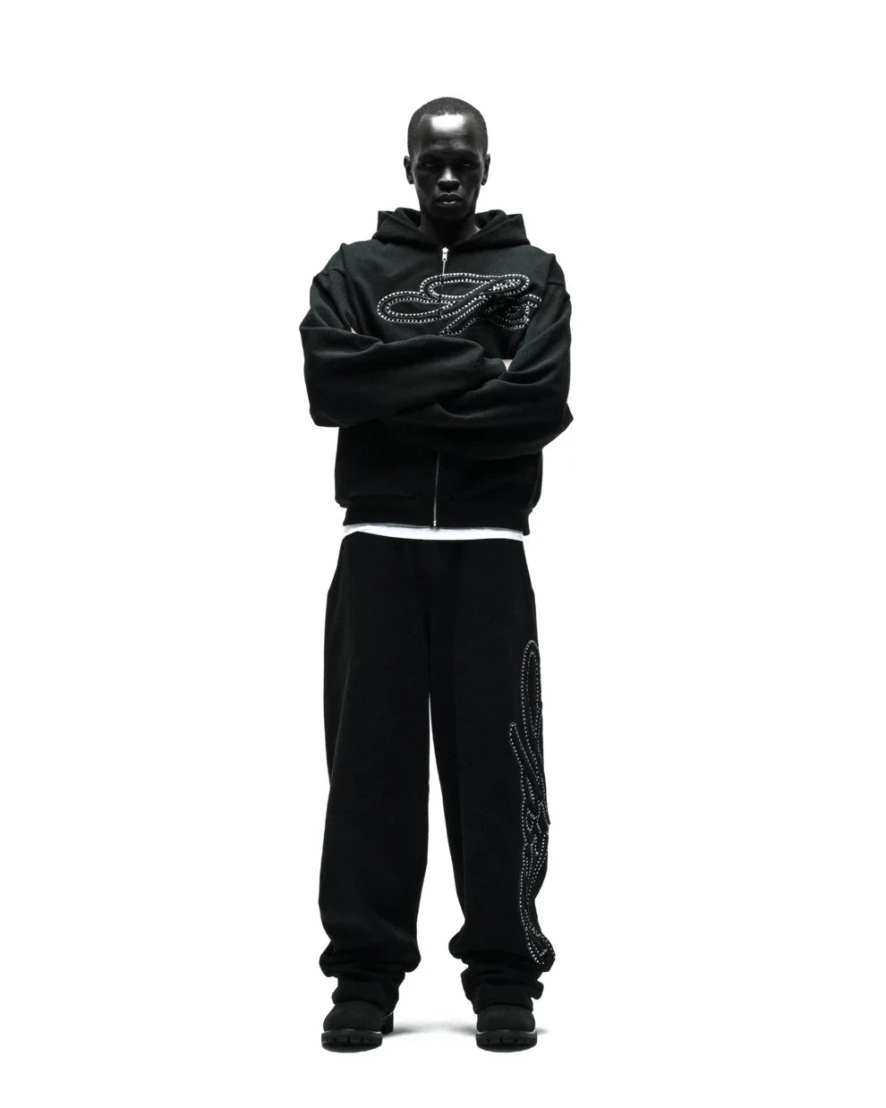 Sp5der Rhinestone Script Zip Hoodie Black