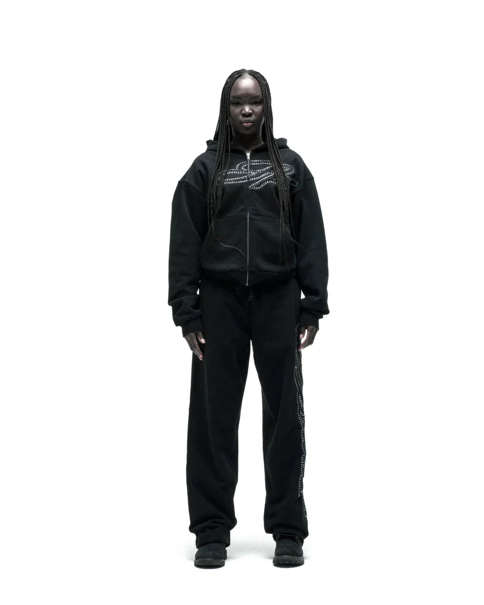 Sp5der Rhinestone Script Zip Hoodie Black